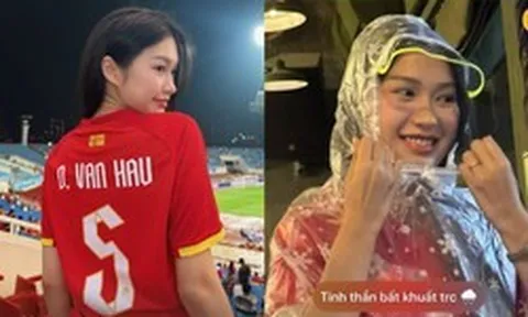 Doãn Hải My lúc xinh đẹp, lúc "chật vật" khó nhận ra khi đến Mỹ Đình cổ vũ ĐT Việt Nam ngày mưa gió, Văn Hậu nói đúng 2 từ đủ thể hiện tình yêu