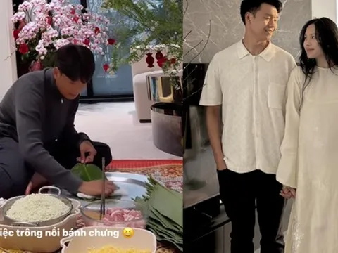 Thành Chung cặm cụi gói bánh chưng trong biệt thự trước ngày ông Công ông Táo